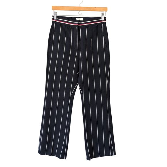 SANDRO Pants Navy White Striped Cotton Linen Boot Flare Womens Trouser 36FR 4US - Picture 1 of 7